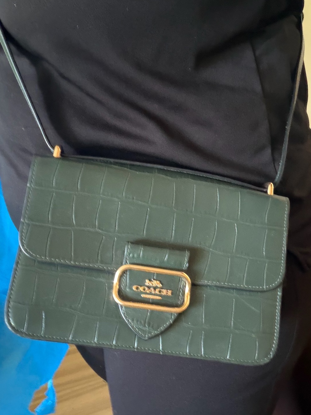 Coach Dark Green Croc-Embossed Leather Crossbody with Gold Hardware